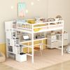 Full Size Loft Bed with Built-in Desk, Bookshelves and Storage Staircase,White(Old SKU:W504S00110)