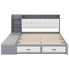 Queen Size Low Profile Platform Bed Frame with Upholstery Headboard and Storage Shelves and Drawers,USB Charging Design,Gray