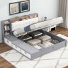 Queen Size Platform Bed Frame with Upholstery Headboard and Storage Shelves and,USB Charging,Gray