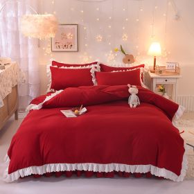 Princess Style Girl Brushed Multicolor 4-piece Set Quilt Cover Sheet Pillowcase Spring Autumn Winter Solid Fleece Thick Bedskirt (Color: wine red)