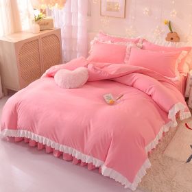 Princess Style Girl Brushed Multicolor 4-piece Set Quilt Cover Sheet Pillowcase Spring Autumn Winter Solid Fleece Thick Bedskirt (Color: Pink)