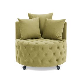 Velvet Upholstered Swivel Chair for Living Room, with Button Tufted Design and Movable Wheels, Including 3 Pillows (Color: Khaki)